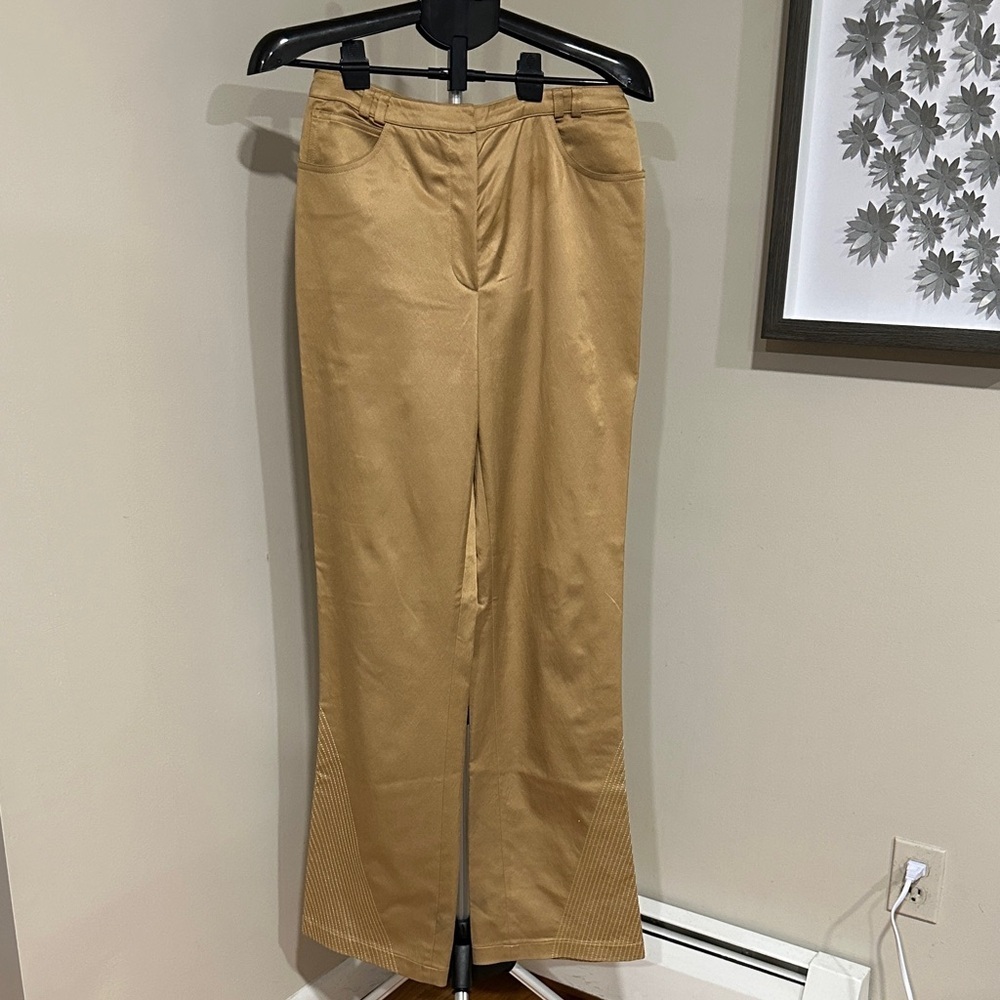 *ST. JOHN* Vintage Couture Camel/Tan x Gold Chain Wide Leg Flare Pants Size 8